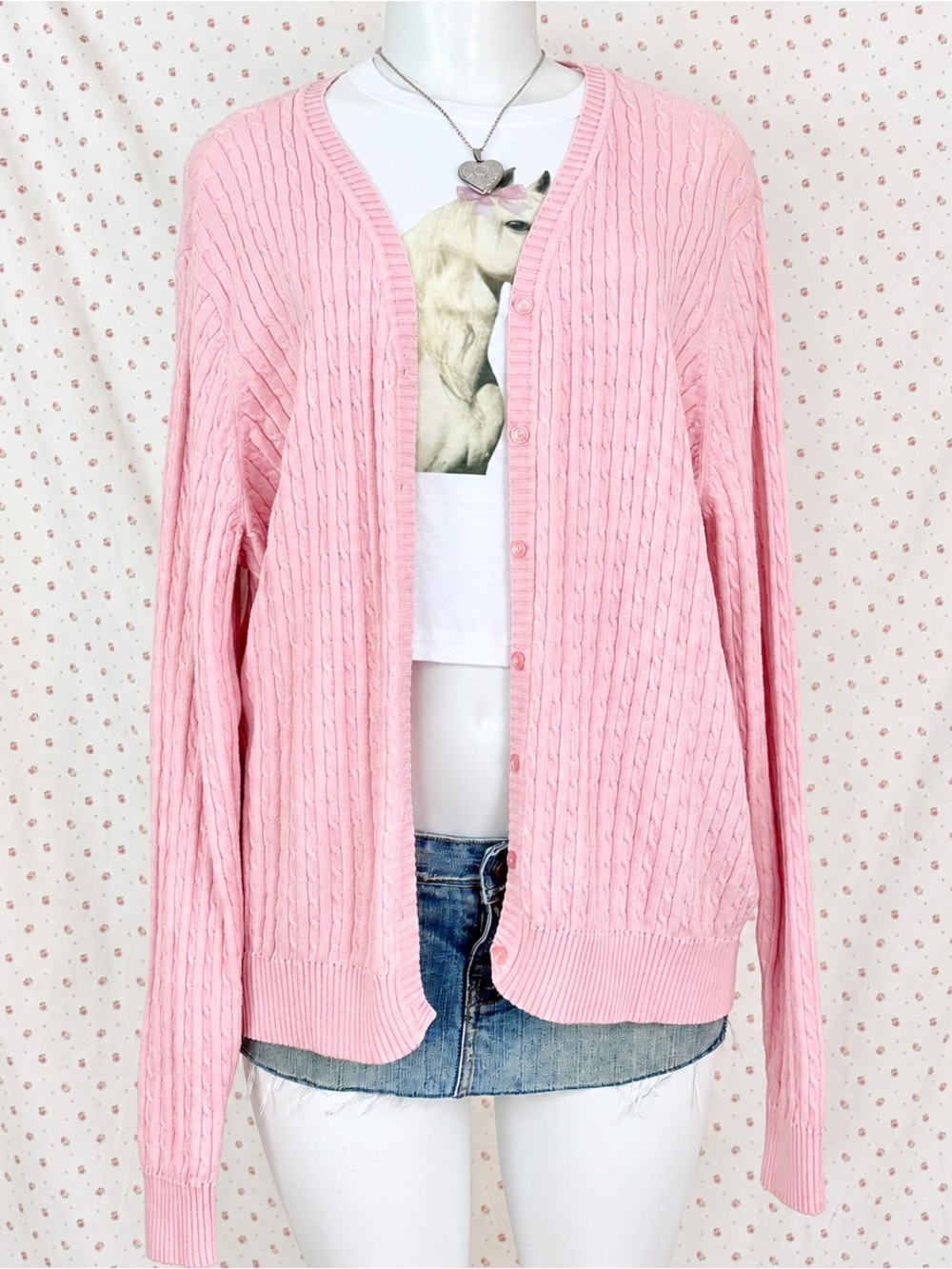 Pink Cable Knit Button-Front Women's Sweater Cardigan